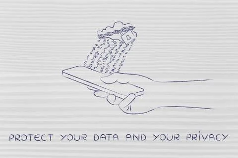 Cloud with lock &amp; binary code rain on a mobile, protect your privacy 스톡 일러스트