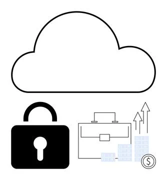 Cloud with lock, briefcase, and financial growth symbols. Ideal for cloud sto Illustrazione stock