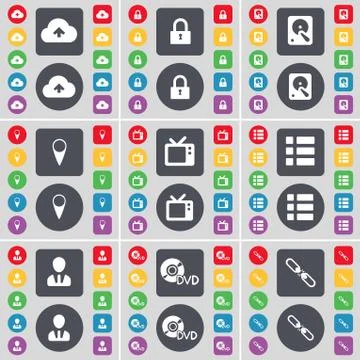 Cloud, Lock, Hard drive, Checkpoint, Retro TV, List, Avatar, DVD, Link icon symb Stock Illustration