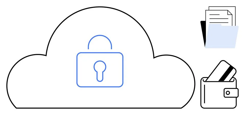 Cloud with lock icon in center symbolizing security. Nearby, documents folder Stock Illustration