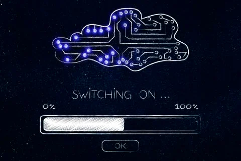 Cloud made of electronic circuits with progress bar loading and text Switch.. Stock Illustration