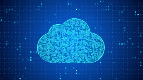 Cloud made of glowing circuit board with moving electrons on blue cyberspace Video stock 244422722