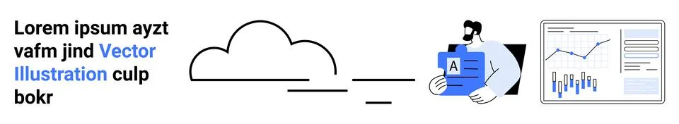 Cloud, man holding a report, and a computer screen displaying graphs and char Stock Illustration