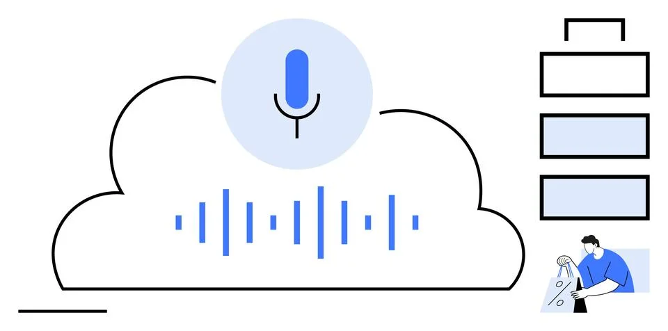 Cloud with microphone icon, sound wave patterns, and person managing server r イラスト素材