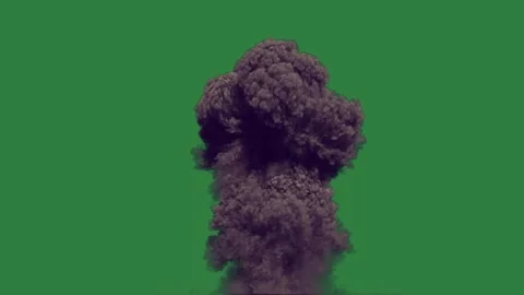 Cloud in the middle large explosion of smoke an on black bomb isolated on green Video stock 336849057