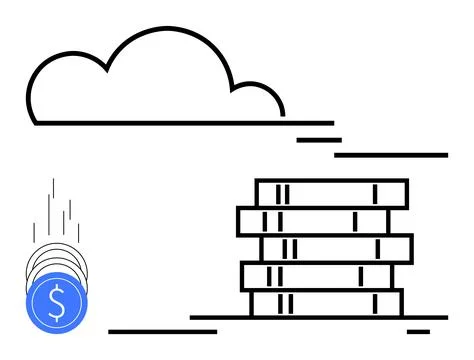 Cloud money storage concept with stacked coins and digital currency falling.. Illustrazione stock