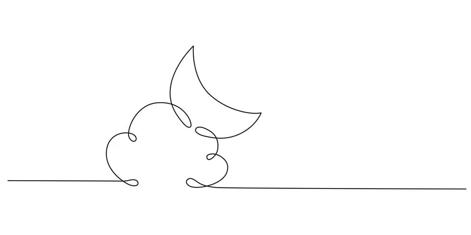 Cloud with moon - one single hand drawing continuous line banner. Vector stock Stock Illustration