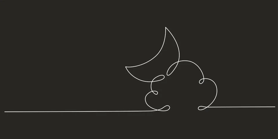 Cloud with moon - one single hand drawing continuous line banner. Vector stock Illustrazione stock