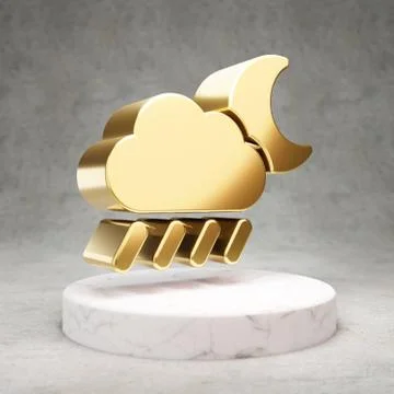 Cloud Moon Rain icon. Shiny golden Cloud Moon Rain symbol on white marble pod Stock Illustration