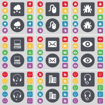 Cloud, Mouse, Bug, Laptop, Message, Vision, Headphones, Building icon symbol. A Ilustración de archivo
