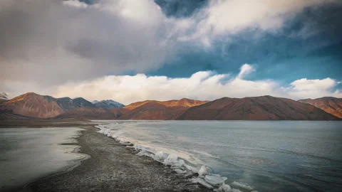Cloud movement over fully frozen  Pangong Lake , Ladakh, India Stock Footage 246748740