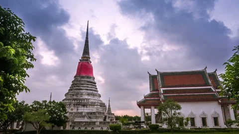 Cloud is moving in the morning over temple at Phra Samut Chedi Stock Footage 88676900