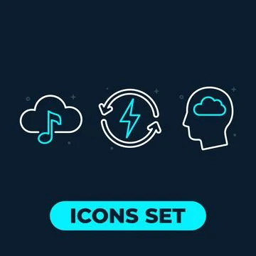 Cloud music note icon, circular arrows with lightning bolt symbol, and huma.. Stock Illustration