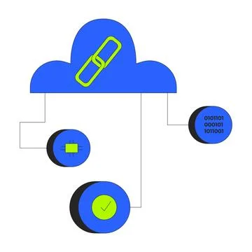 Cloud network with blockchain and data components 2D cartoon object Stock Illustration