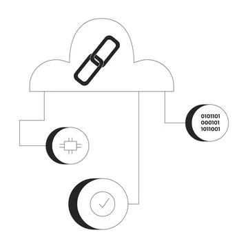 Cloud network with blockchain and data components 2D line object Stock Illustration