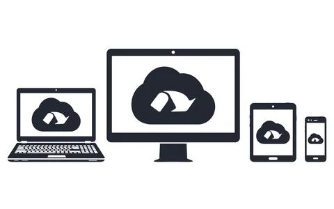 Cloud network on computer display laptop, tablet, smartphone icons Illustrazione stock