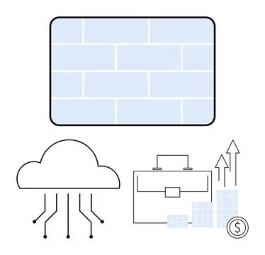 Cloud network connected to nodes, blockchain theme, briefcase beside coins an Stock Illustration