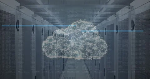 Cloud of network of connections and data processing against empty server room Stock Footage 150945430