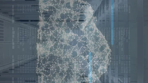 Cloud of network of connections and data processing against empty server room Stock Footage 312503850