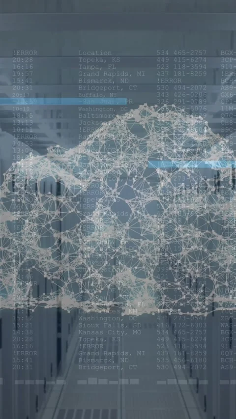 Cloud of network of connections and data processing against empty server room Stock Footage 331652997