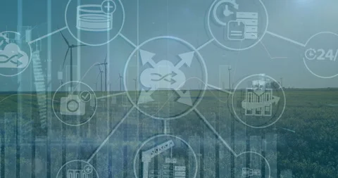 Cloud network icon hovering over crop field and turbines, linking database bar Stock Footage 307463445