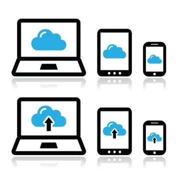 Cloud network on laptop, tablet, smartphone icons set Stock Illustration