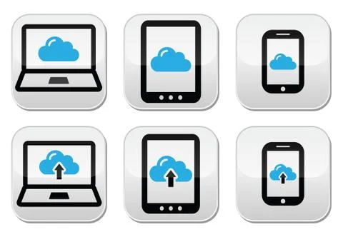 Cloud network on laptop, tablet, smartphone icons set Illustrazione stock