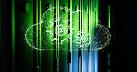 Cloud network processing data over green lit, dark computer server room Stock Footage 329362537