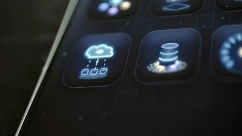 Cloud network sits beside glowing data vault Stock Photos