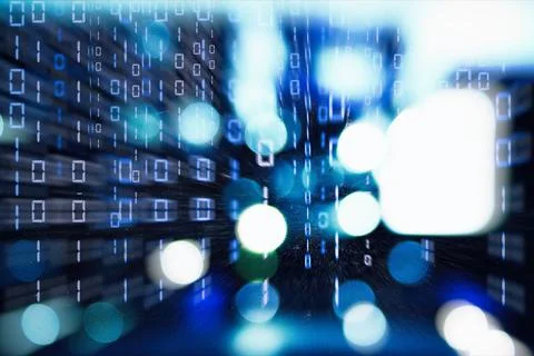 Cloud network technology background with binary codes and bokeh lights Stock Illustration