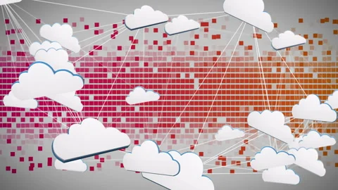Cloud network visualizing stylized icons floating over pixelated gradient grid, Stock Footage 309287322