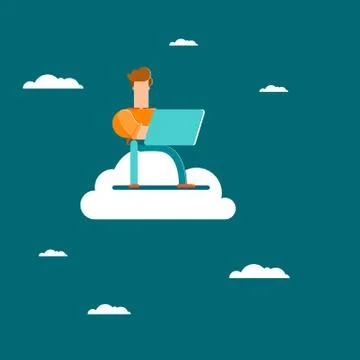 Cloud Networking. Businessman sits on a cloud with laptop on knees. Concept v Stock Illustration