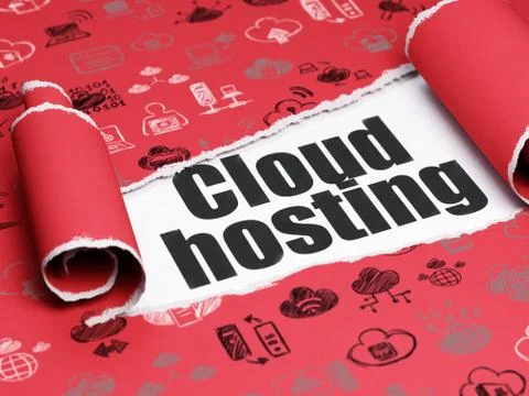 Cloud networking concept: black text Cloud Hosting under the piece of  torn Illustrazione stock