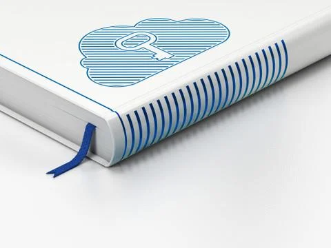 Cloud networking concept: closed book, Cloud With Key on white background Illustrazione stock
