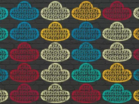 Cloud networking concept: Cloud With Code icons on wall background Stock Illustration