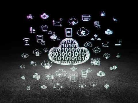 Cloud networking concept: Cloud With Code in grunge dark room Illustrazione stock