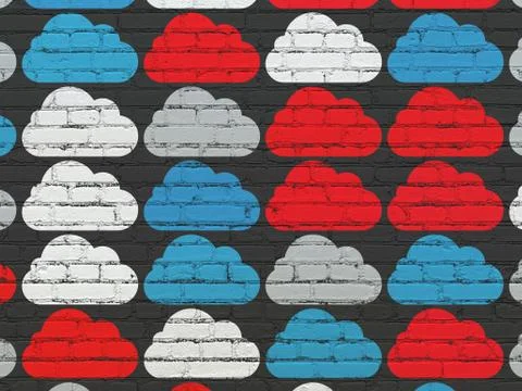 Cloud networking concept: Cloud icons on wall background Stock Illustration