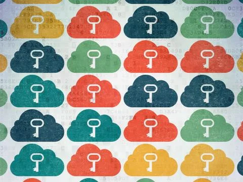 Cloud networking concept: Cloud With Key icons on Digital Paper background Illustrazione stock