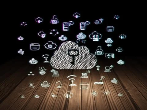 Cloud networking concept: Cloud With Key in grunge dark room Illustrazione stock