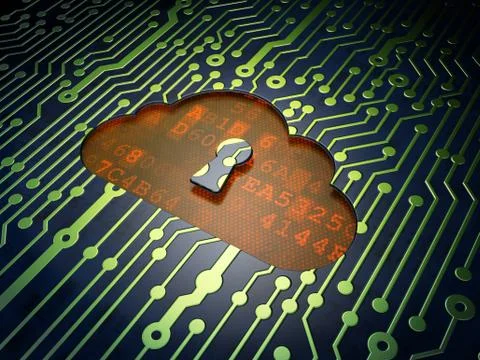 Cloud networking concept: Cloud With Keyhole on circuit board background Stock Illustration