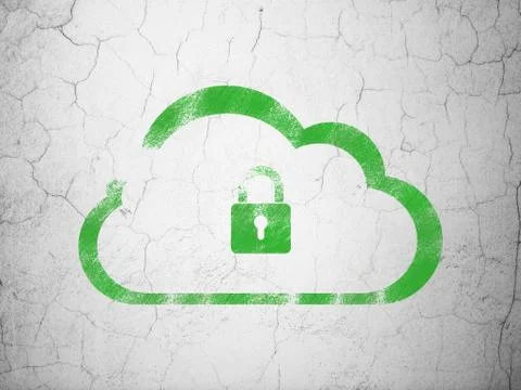 Cloud networking concept: Cloud With Padlock on wall background Illustrazione stock