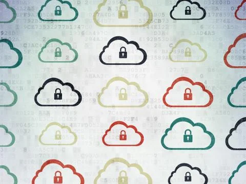 Cloud networking concept: Cloud With Padlock icons on Digital Paper background Illustrazione stock