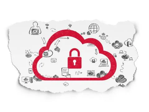 Cloud networking concept: Cloud With Padlock on Torn Paper background Illustrazione stock
