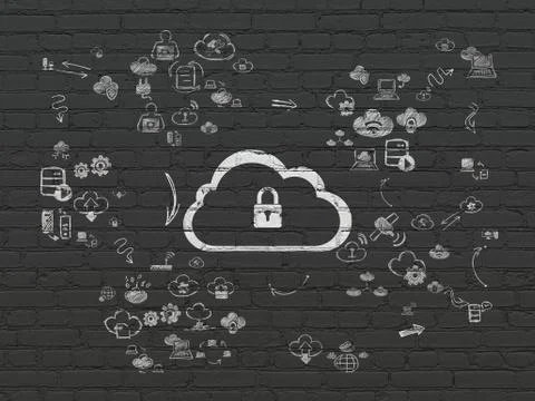 Cloud networking concept: Cloud With Padlock on wall background Stock Illustration