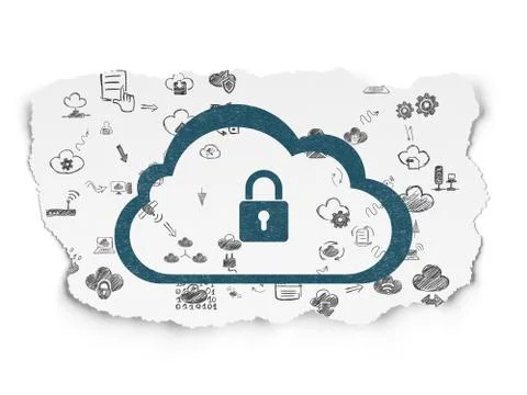 Cloud networking concept: Cloud With Padlock on Torn Paper background Illustrazione stock