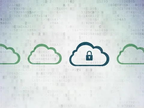 Cloud networking concept: cloud with padlock icon on Digital Data Paper 스톡 일러스트