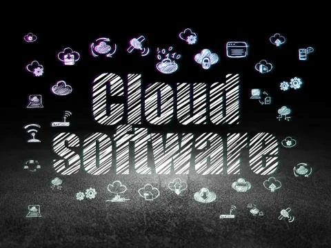 Cloud networking concept: Cloud Software in grunge dark room Illustrazione stock