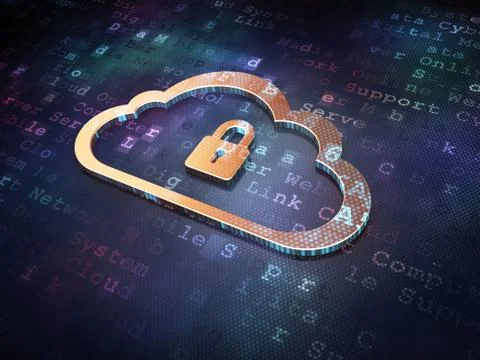 Cloud networking concept: Golden Cloud With Padlock on digital Stock Illustration