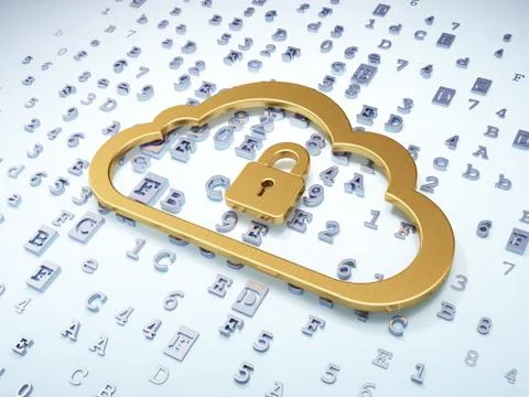 Cloud networking concept: Golden Cloud With Padlock on digital b Illustrazione stock