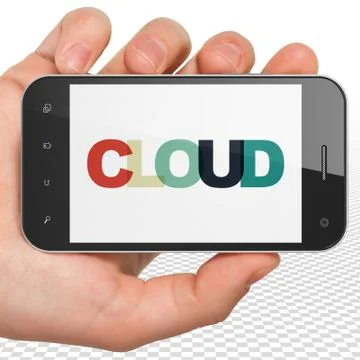 Cloud networking concept: Hand Holding Smartphone with Cloud on  display Ilustração Stock